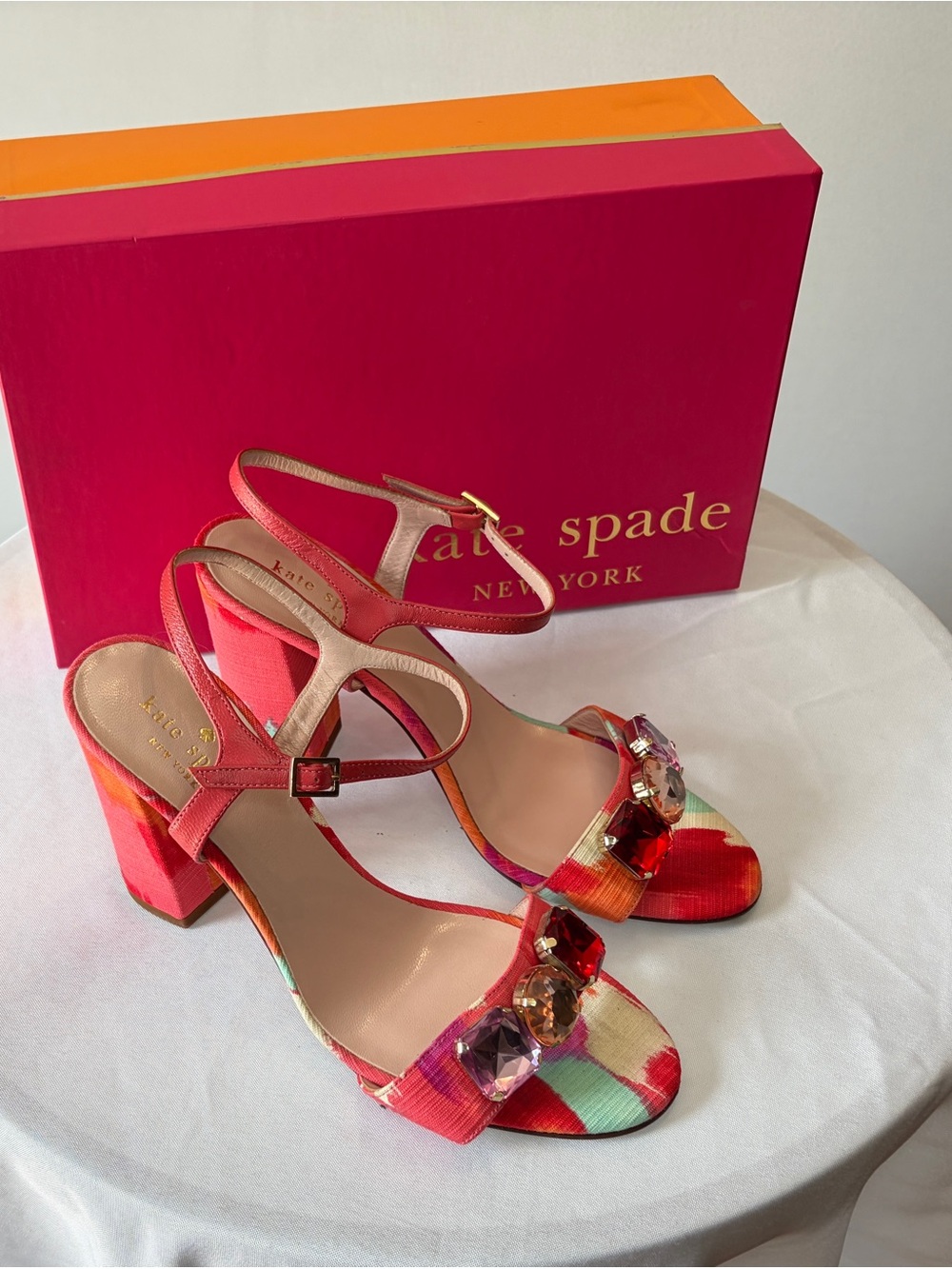 kate spade Pink Multicolor Jewel-Embellished Block Heel Sandals